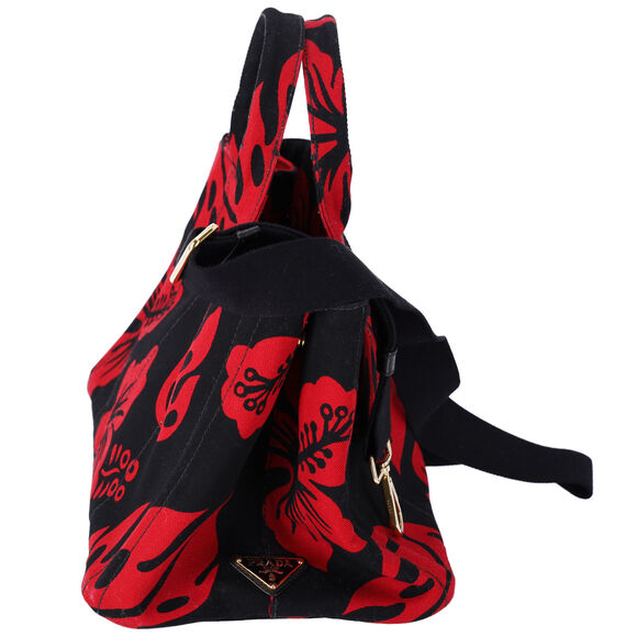 PRADA Canapa Tote Bag Black Red Canvas Leaves Print - Picture 2 of 9